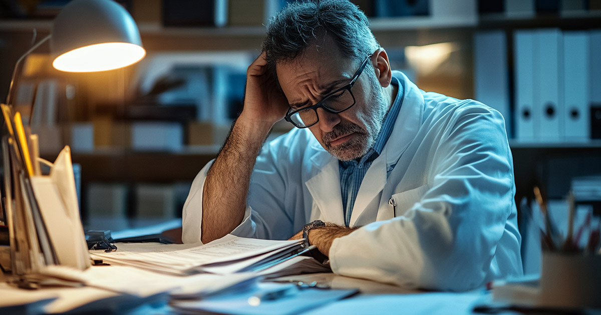 Close-up of a stressed hospital administrator reviewing budget reports in a chaotic office
