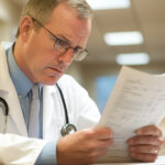 A hospital administrator reviewing financial reports with concern