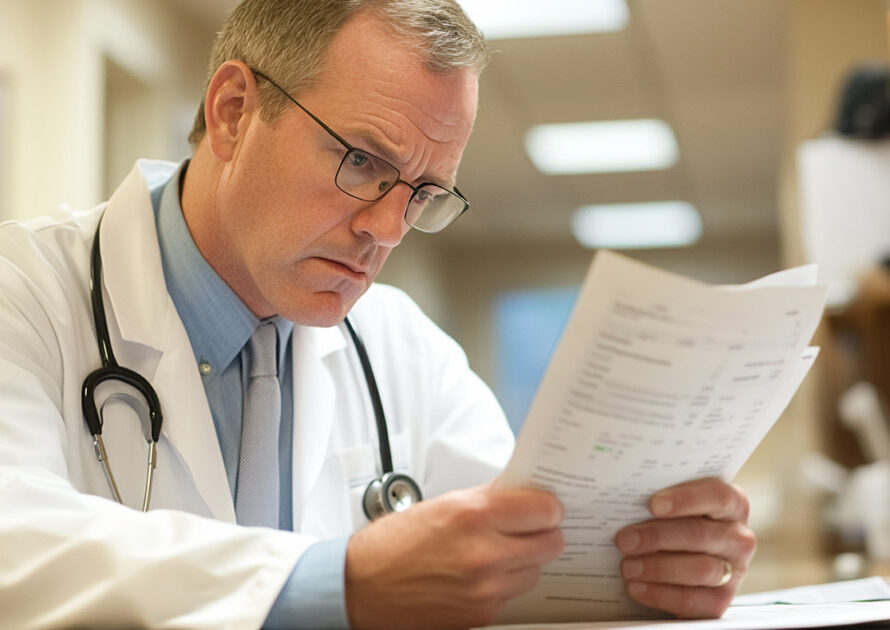 A hospital administrator reviewing financial reports with concern