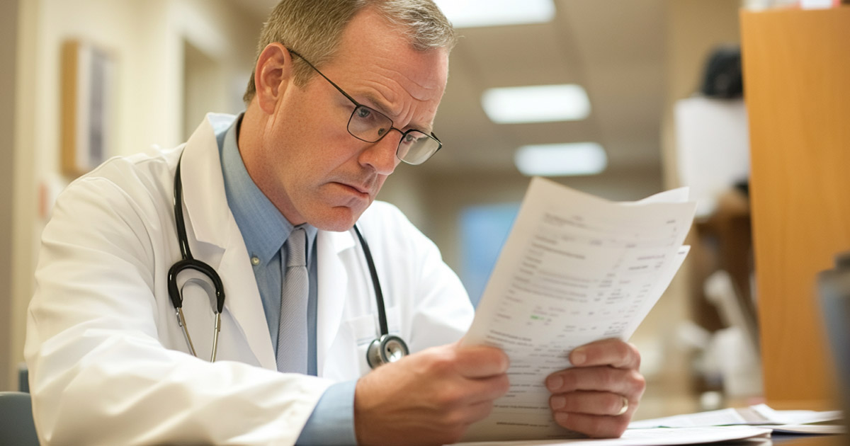 A hospital administrator reviewing financial reports with concern