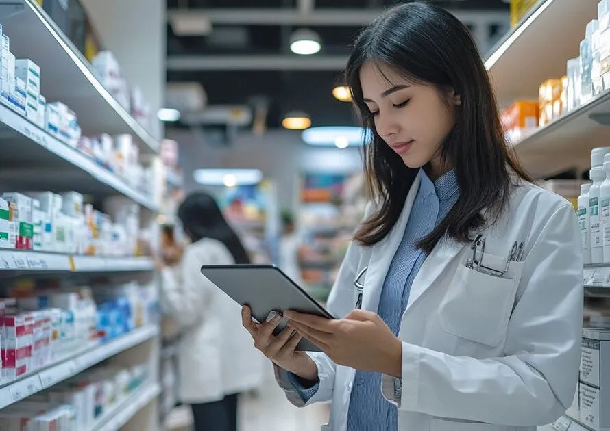Pharmacy worker using digital tablet to verify medication information in well-stocked drugstore.