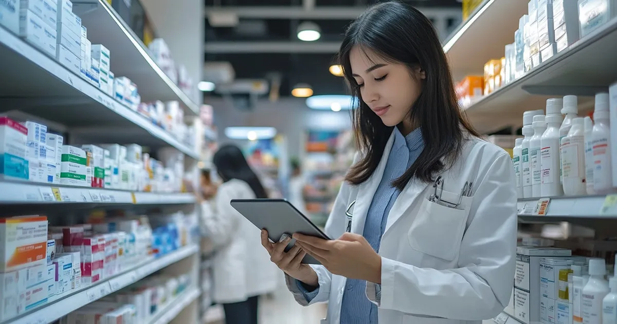 Pharmacy worker using digital tablet to verify medication information in well-stocked drugstore.