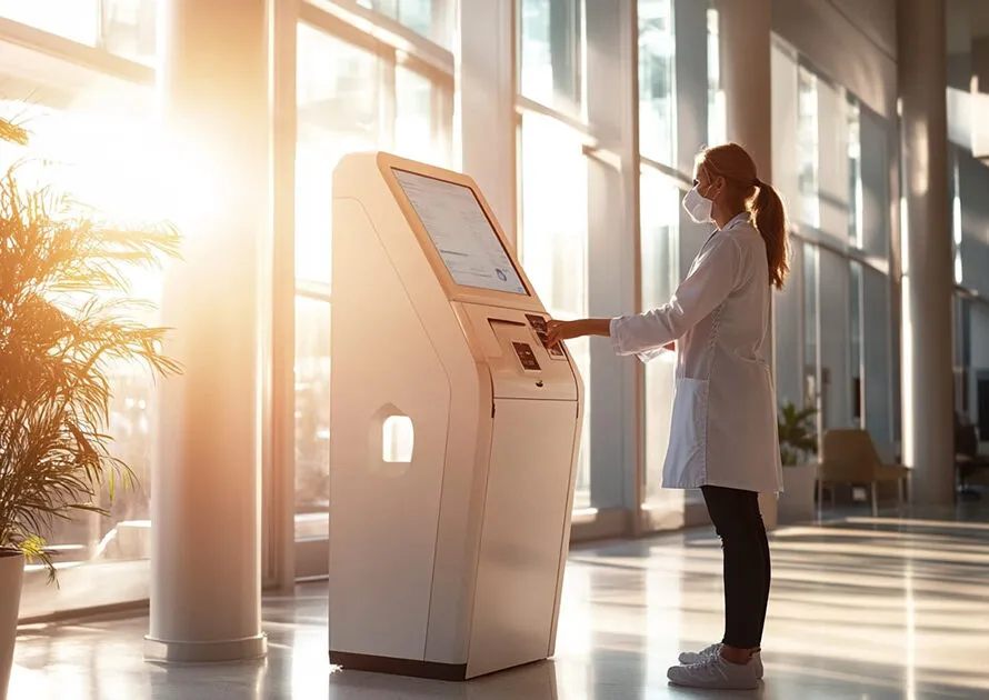 Medical staff member operating a patient check-in kiosk in a bright, airy hospital entrance with natural lighting.