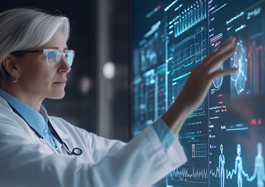 Doctor in white coat analyzing patient data on advanced interactive medical dashboard.