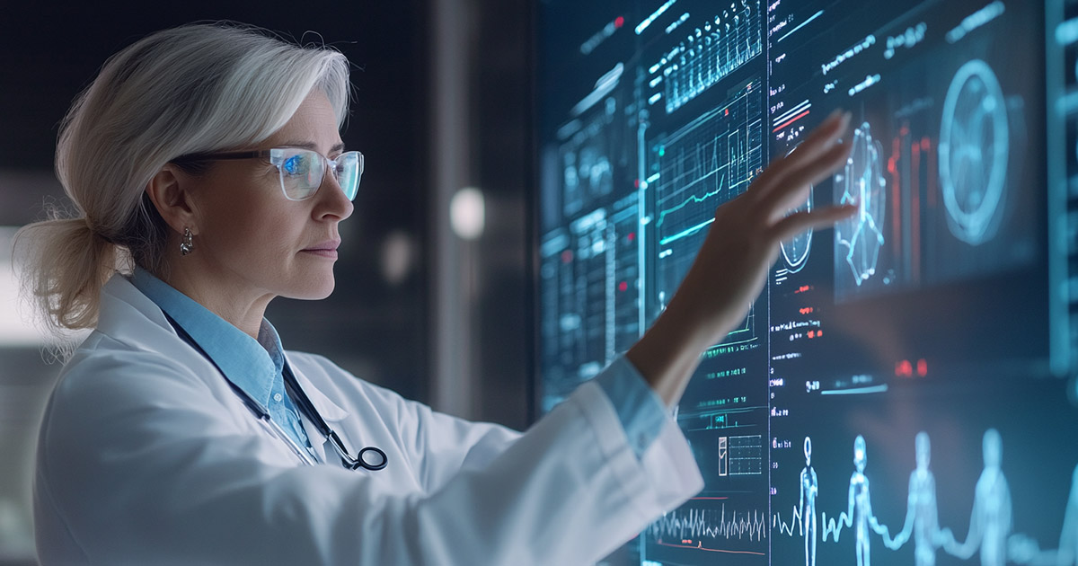Doctor in white coat analyzing patient data on advanced interactive medical dashboard.