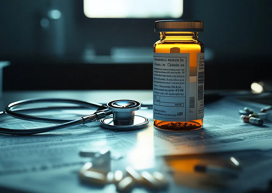 Prescription bottle, stethoscope and pills on medical paperwork in dramatic lighting.
