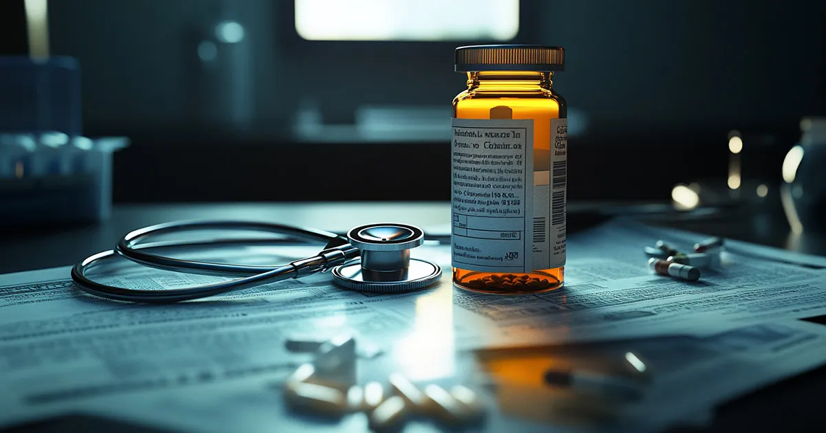 Prescription bottle, stethoscope and pills on medical paperwork in dramatic lighting.