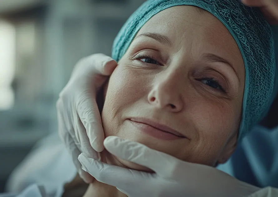 Cancer patient wearing teal head covering smiles as caregiver offers supportive touch.