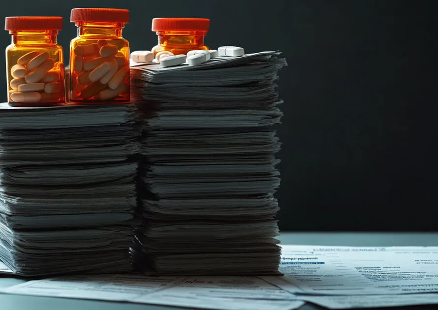 Orange pill bottles atop towering stacks of healthcare documents, representing the overwhelming financial toxicity in cancer care.