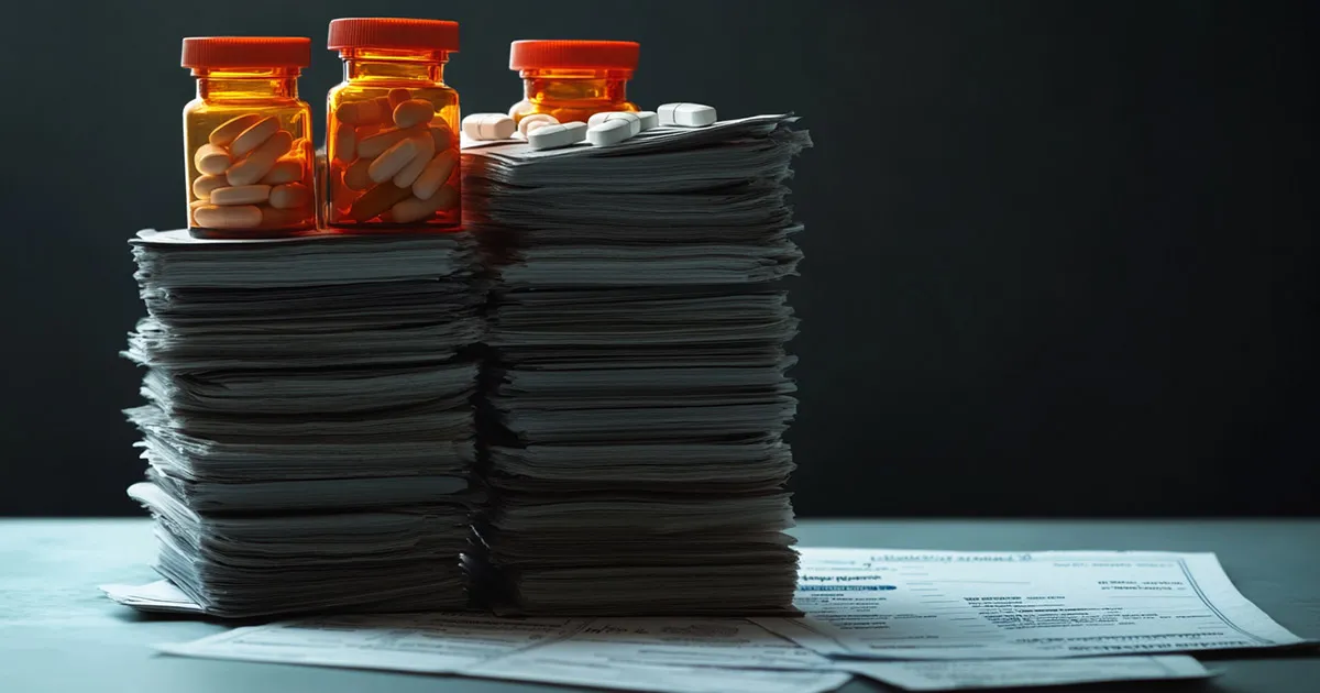Orange pill bottles atop towering stacks of healthcare documents, representing the overwhelming financial toxicity in cancer care.