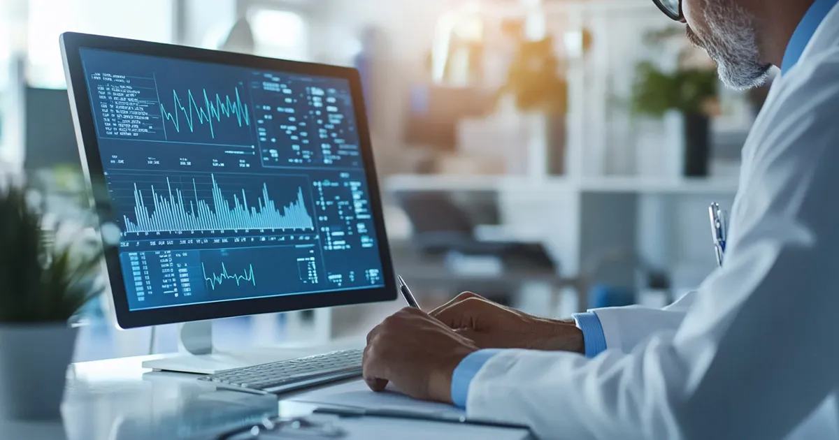 Healthcare administrator analyzing revenue cycle data on a computer screen with financial graphs and metrics.