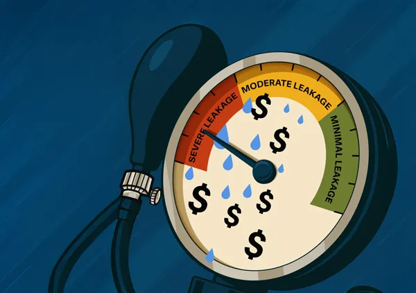 Pump‑attached dial with dollar symbols, indicating severe loss.