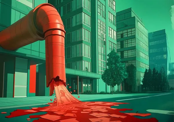A crimson pipeline empties stacks of money and paperwork onto a city sidewalk, where they merge into a blood‑red pool.