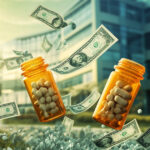 Prescription bottles and money representing savings from 340B pricing