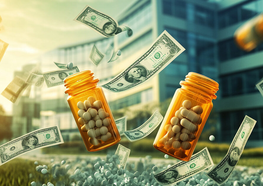 Prescription bottles and money representing savings from 340B pricing