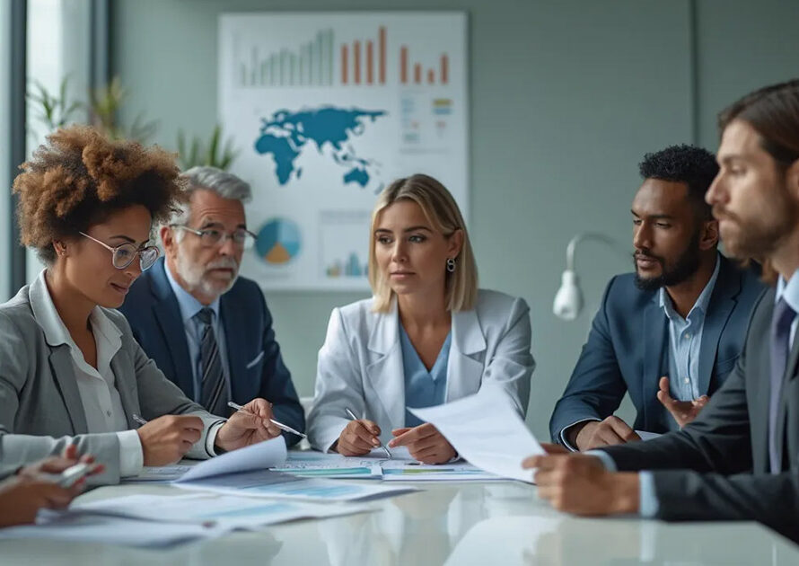 Doctors and administrators in a modern conference room with a backdrop of medication visuals.
