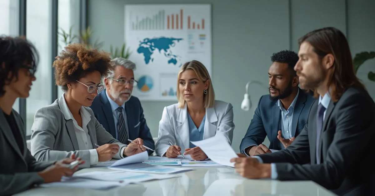 Doctors and administrators in a modern conference room with a backdrop of medication visuals.