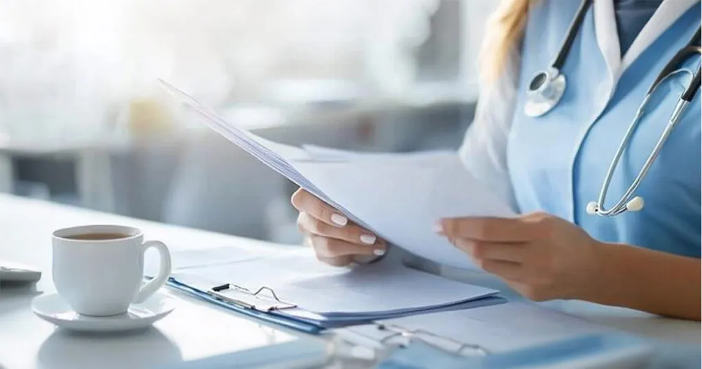 A healthcare billing specialist reviewing files alone at a desk, cup of tea beside them