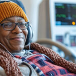 Smiling dialysis patient seated comfortably with a warm blanket and headphones