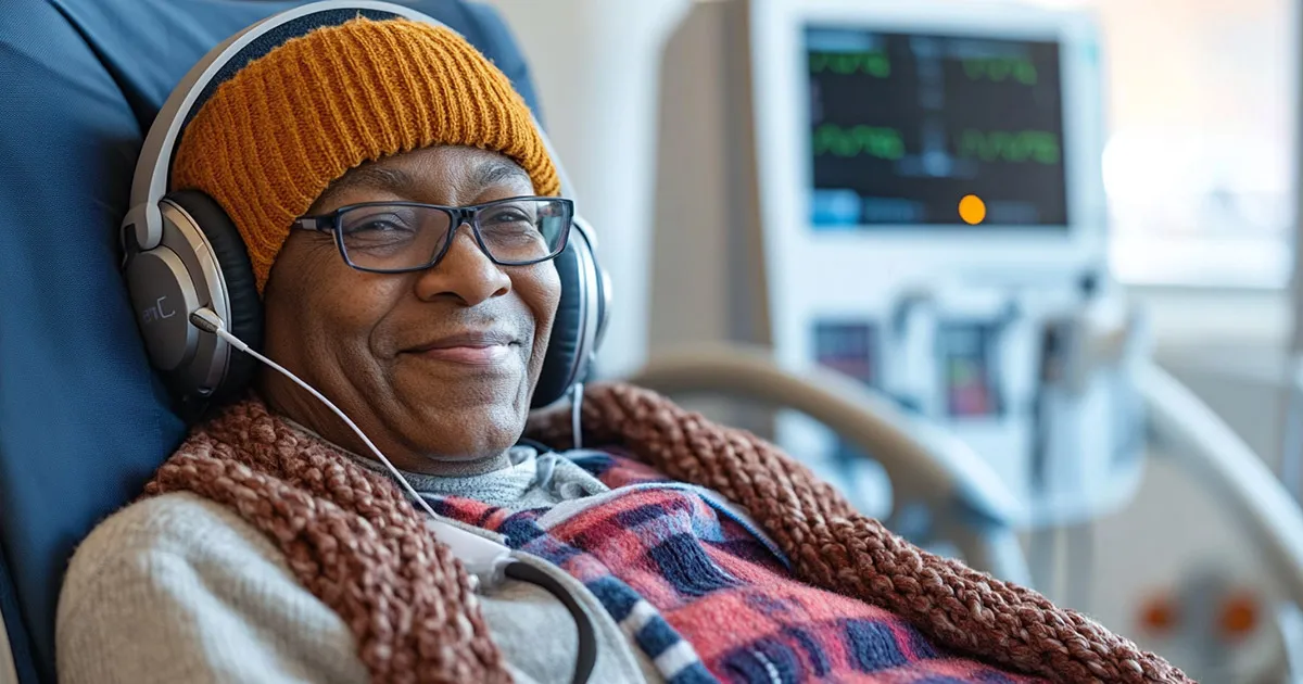 Smiling dialysis patient seated comfortably with a warm blanket and headphones