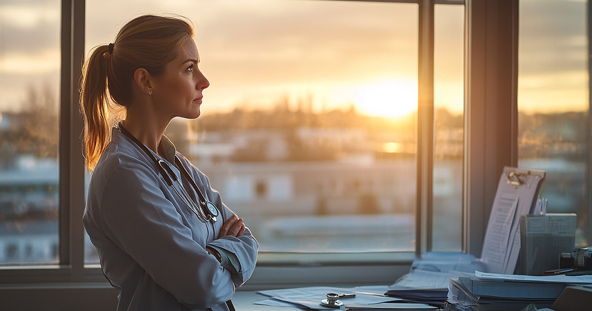 Hospital director looking out large office window with folded arms, early morning light