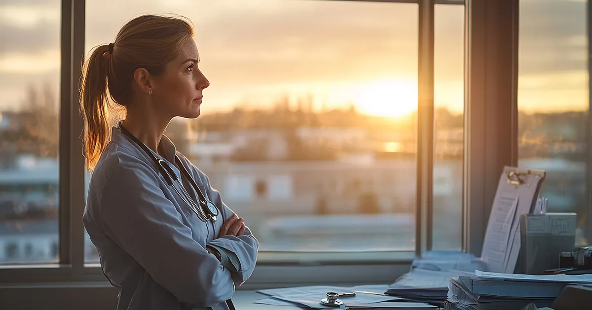 Hospital director looking out large office window with folded arms, early morning light