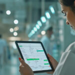 Over-the-shoulder view of a healthcare worker holding a tablet with a 340B audit checklist