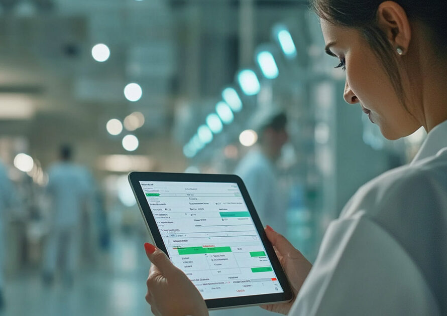 Over-the-shoulder view of a healthcare worker holding a tablet with a 340B audit checklist