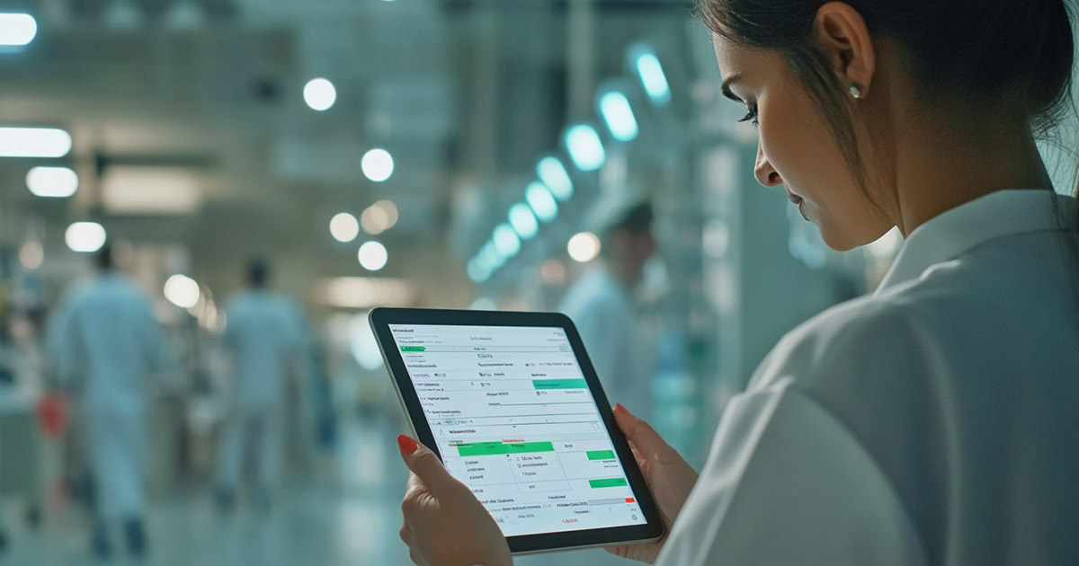 Over-the-shoulder view of a healthcare worker holding a tablet with a 340B audit checklist