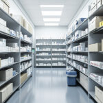 Pharmacy stockroom showing organized medication inventory under 340B replenishment model