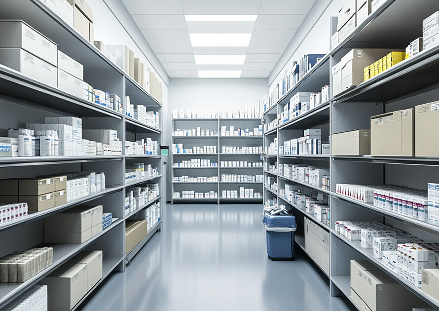 Pharmacy stockroom showing organized medication inventory under 340B replenishment model