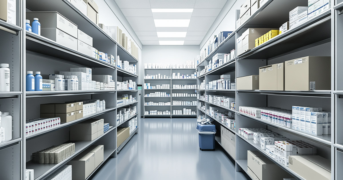Pharmacy stockroom showing organized medication inventory under 340B replenishment model