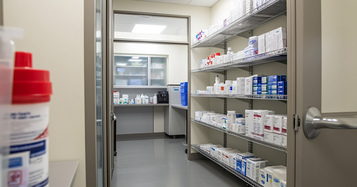 View through glass door into a small medical supply room, shelves neatly stocked with medications