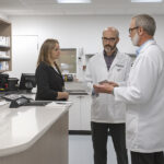 Two pharmacists in white lab coats discussing medication with a customer in professional attire inside a modern pharmacy