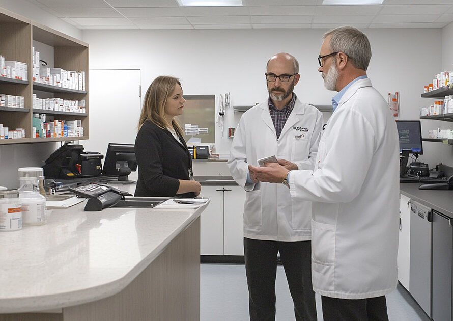 Two pharmacists in white lab coats discussing medication with a customer in professional attire inside a modern pharmacy