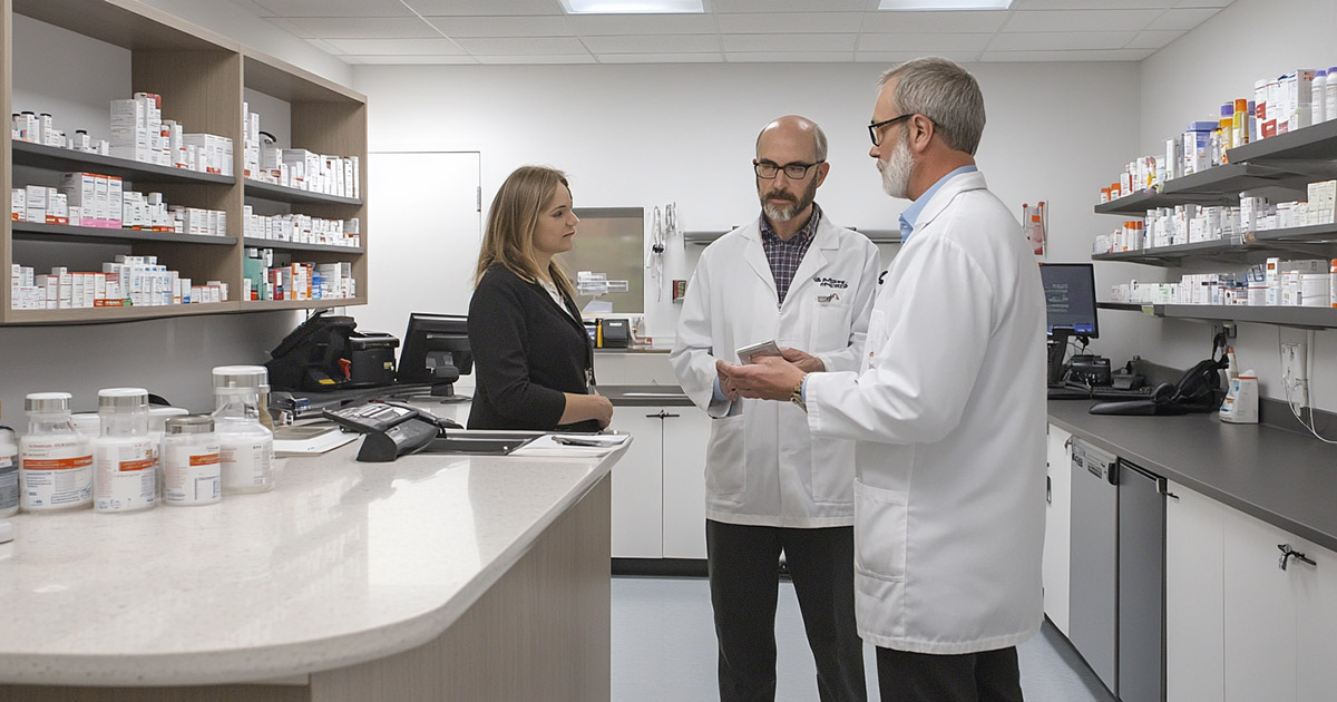Two pharmacists in white lab coats discussing medication with a customer in professional attire inside a modern pharmacy