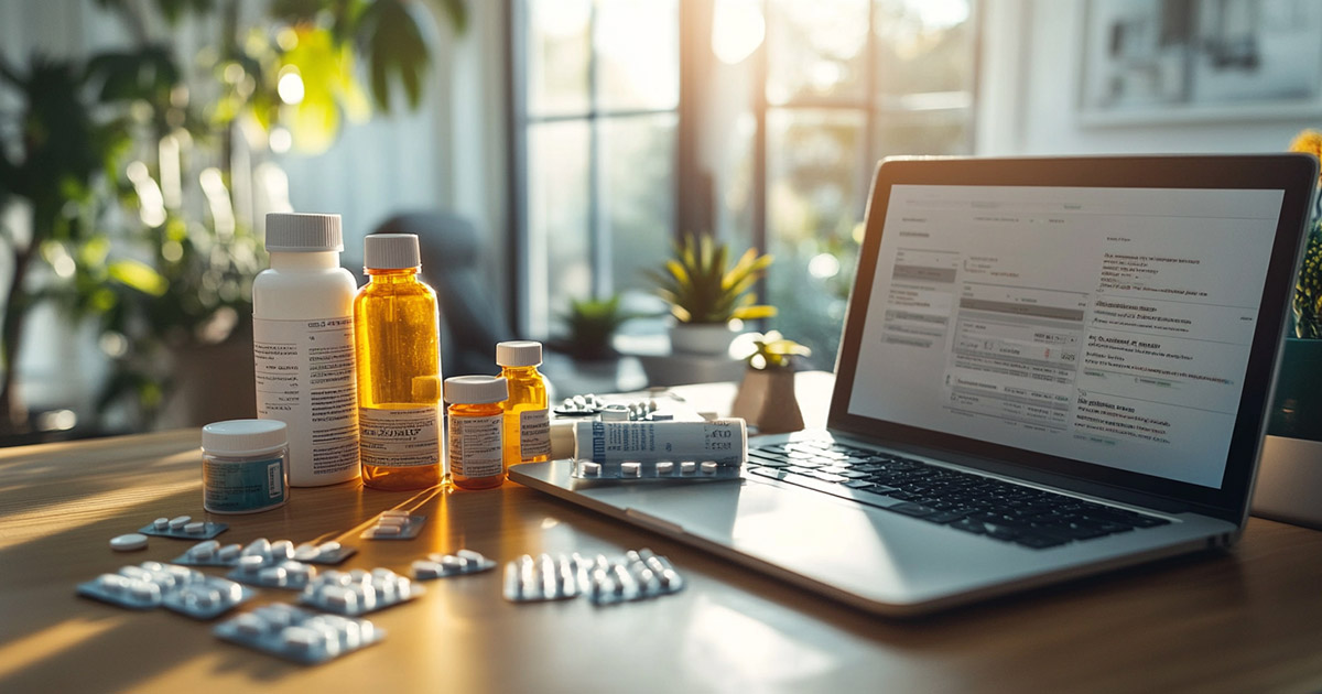Well-lit medical desk with prescription bottles, blister packs, and a sleek silver laptop