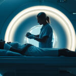 A hospital imaging technician working with a breast cancer patient on an MRI table