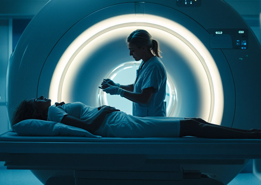 A hospital imaging technician working with a breast cancer patient on an MRI table