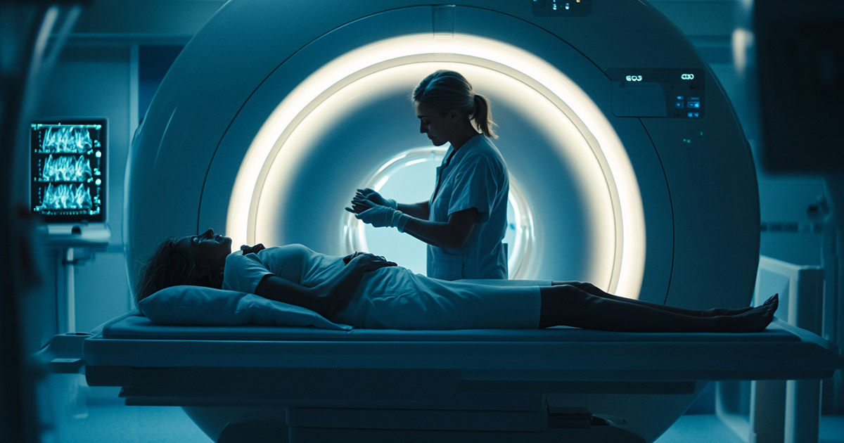 A hospital imaging technician working with a breast cancer patient on an MRI table