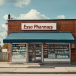 Small-town pharmacy building representing local access through the 340B retail pharmacy program