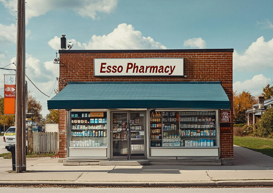 Small-town pharmacy building representing local access through the 340B retail pharmacy program
