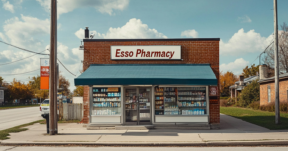 Small-town pharmacy building representing local access through the 340B retail pharmacy program