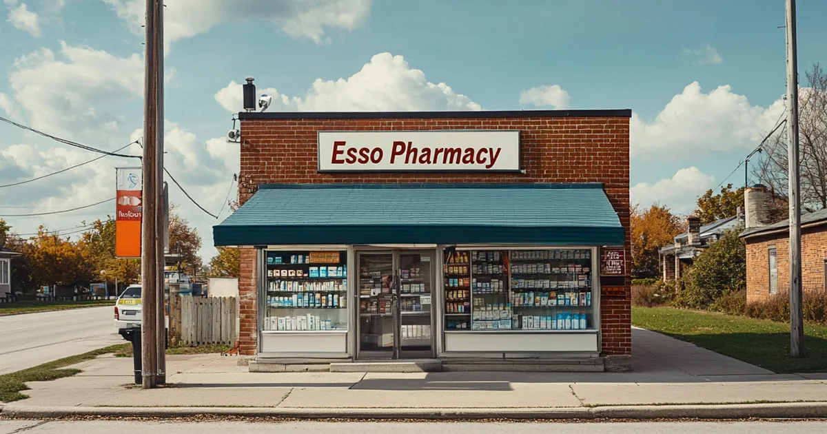 Small-town pharmacy building representing local access through the 340B retail pharmacy program