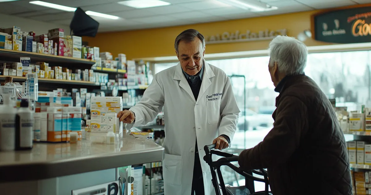 Pharmacist assisting elderly patient with medication under the 340B retail pharmacy program