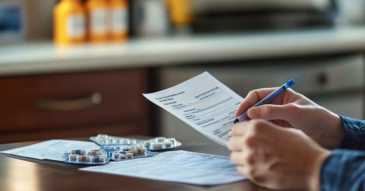 A man reviewing a pharmacy assistance application at the kitchen table, prescription blister pack pills in the background