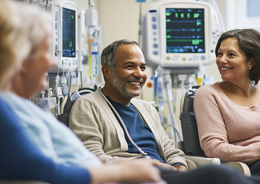 Diverse group of dialysis patients chatting softly in a treatment room, IV machines in background