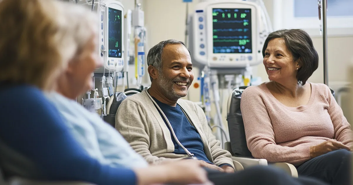 Diverse group of dialysis patients chatting softly in a treatment room, IV machines in background