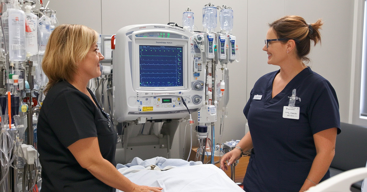 Two healthcare workers chatting while setting up a dialysis bay