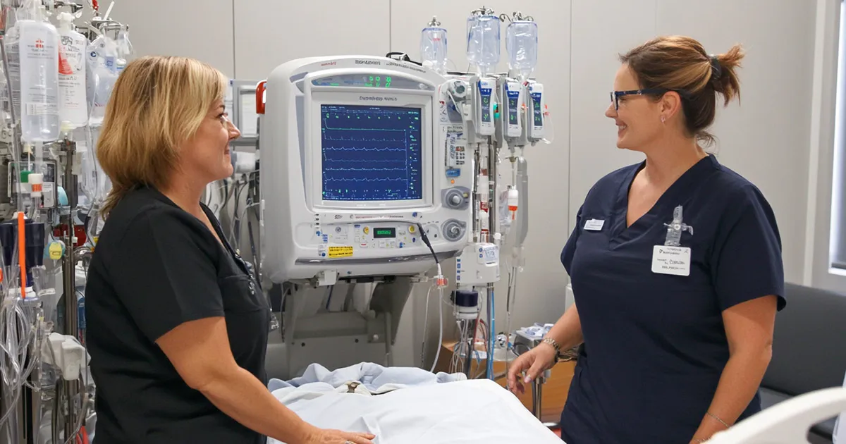 Two healthcare workers chatting while setting up a dialysis bay
